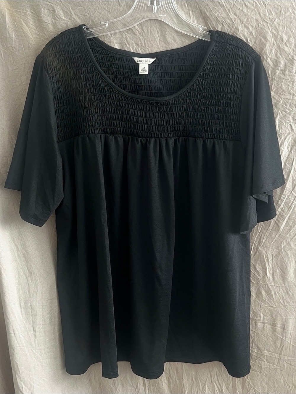 Cato Black Smocked Yoke Flutter Sleeve Top